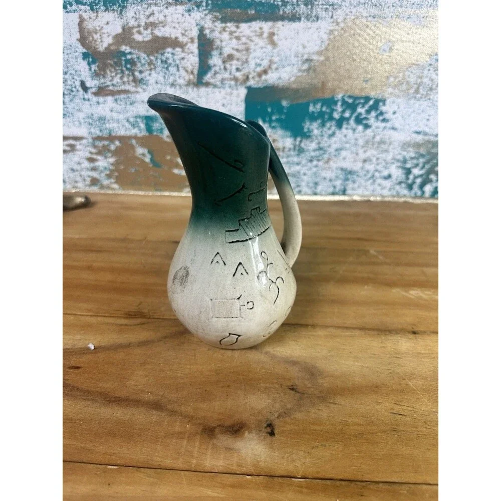 Rosemarys Ceramic Pitcher Southwestern Stamped A15 Green & Gray Decorative 5.5